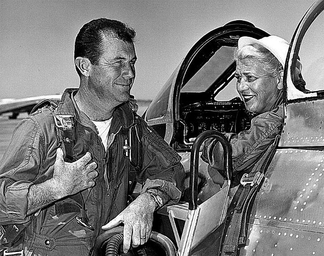 Jackie Cochran in the cockpit of the Canadair Sabre with Chuck Yeager