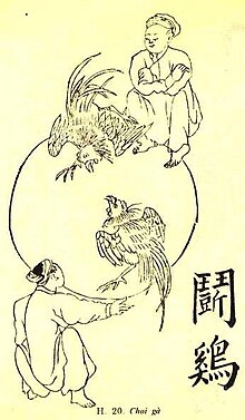 Painting of cockfighting scenes in Vietnam during the Nguyen dynasty in the book Mechanics and Crafts of the People of Annam. Cockfright.jpg