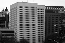 The white concrete buildings of Colony Square were constructed in a Modern architectural style Colony Square.jpg