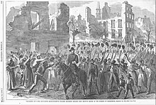 Black soldiers, led by white officers, singing "John Brown's Body" as they march into Charleston, South Carolina, in February 1865 Colored soldiers singing "John Brown's Body".jpg