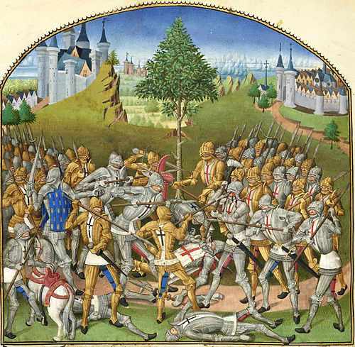Combat des Trente: an illumination in the Compillation des cronicques et ystoires des Bretons (1480), of Pierre Le Baud. The two strongholds of Ploërm