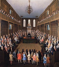 St Stephen's Chapel hosting a session of the House of Commons in 1710 Commons In Session.jpg