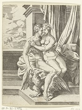 Gravure Jupiter en Alcmene door Cornelis Bos, ca. 1537 - ca. 1555