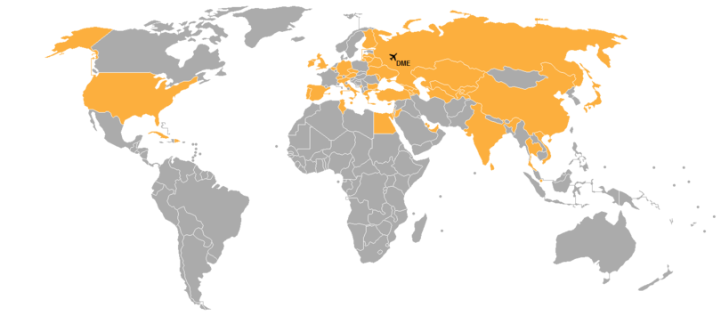 Страны, в которые выполняются регулярные пассажирские авиарейсы из аэропорта Домодедово. С 25 октября 2015 года прекращено авиасообщение между Россией и Украиной, с 8 июля 2019 года — между Россией и Грузией.