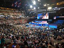 View of the stage at the Wells Fargo Center, during the 2016 Democratic National Convention. DNC 2016 - Nancy Pelosi.jpeg