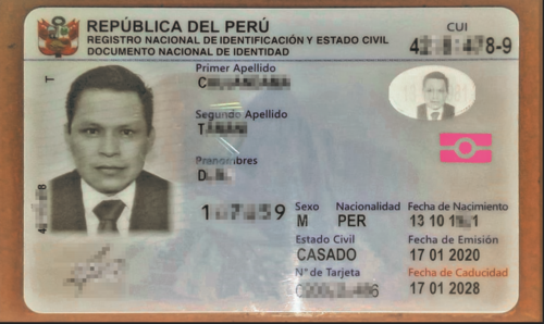 Peruvian Documento Nacional de Identidad. (2020 version, front)