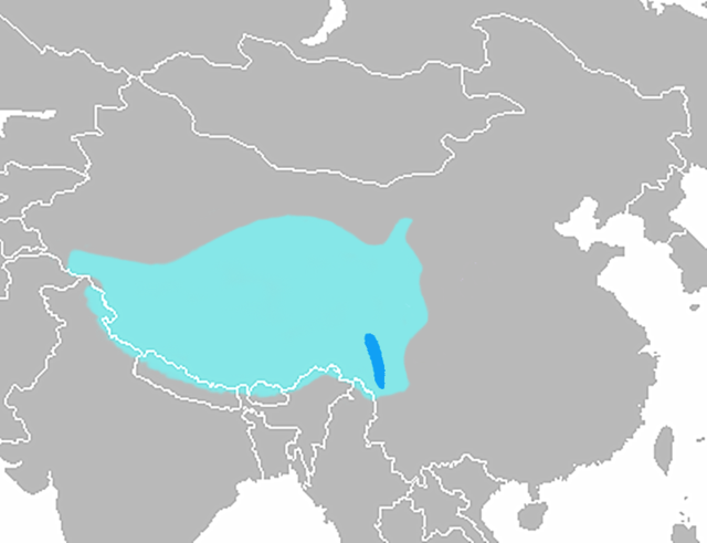 Distribuição territorial do carneiro-azul; em tom mais escuro, distribuição do carneiro-azul-anão
