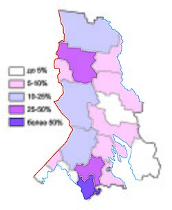 Karjalaisten osuus väestöstä Karjalan tasavallan piireissä.