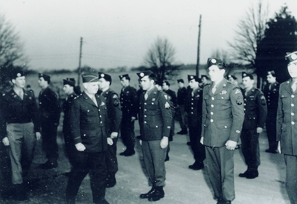 General William J. Donovan reviews Operational Group members in Bethesda, Maryland, prior to their departure for China in 1945.