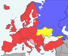 Regional patent convention membership in Europe
.mw-parser-output .legend{page-break-inside:avoid;break-inside:avoid-column}.mw-parser-output .legend-color{display:inline-block;min-width:1.25em;height:1.25em;line-height:1.25;margin:1px 0;text-align:center;border:1px solid black;background-color:transparent;color:black}.mw-parser-output .legend-text{}
Parties to the European Patent Convention
Extension states by the European Patent Convention
Parties to the Eurasian Patent Convention
Other European States EUpatentlaw.svg