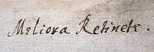Evelyn's motto written in a book he bought in Paris in 1651. Keep what is better Evelynmotto.jpg