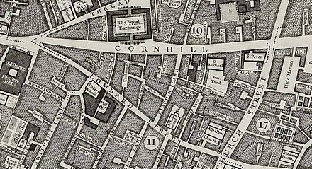 1746 map showing Exchange Alley, where tea was first sold in England
