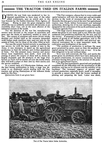 Fiat tractor in a 1919 American magazine article