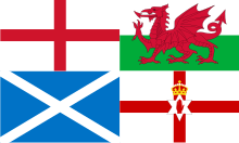 The four most common flags of the countries of the United Kingdom. Top-left clockwise; Flags of England, Wales, Scotland and the Ulster Banner. (The last of these ceased to be the Flag of Northern Ireland with effect from the Northern Ireland Constitution Act 1973; since then, there is no official flag that uniquely represents the region. However unionists continue to use it.) Flags of UK.svg