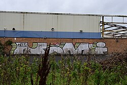 This image depicts large but unintelligible graffiti painted on the dealership back in 2021, per a tag on the left-hand side of the work.