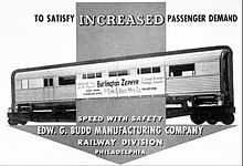 Budd Company ad with a photo of the fourth car for the Pioneer Zephyr sitting atop a flatcar Fourth Pioneer Zephyr car 1935.JPG