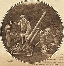 French soldiers operating a compressed-air trench mortar of 86-millimetre calibre French86mmCompressedAirTrenchMortarNYT17Feb1918.jpg