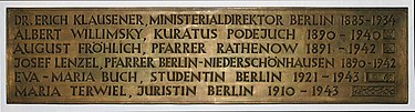 Część tablicy poświęcona pamięci katolików z archidiecezji berlińskiej zamordowanych przez nazistów, znajdująca się w Katedrze św. Jadwigi Śląskiej w Berlinie