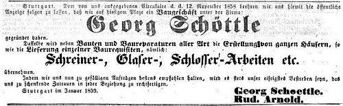 Anzeige zur Eröffnung des Baugeschäfts, 1859.