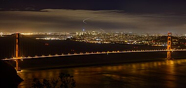 Panorama of the Golden Gate Bridge at night, with San Francisco in the background