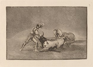 Νο. 9: Un caballero español mata un toro después de haber perdido el caballo ("A Spanish knight kills a bull after his horse is wounded")