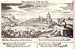 Vue générale de Lorette et homme condamné au pilori, gravure du Thesaurus Philopoliticus de Daniel Meisner, 1625.