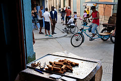Street Scene from inside a fried "Croqueta" seller stand. Havana (La Habana), Cuba