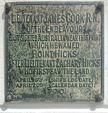 Placa conmemorativa en Point Hicks, Victoria, Australia.