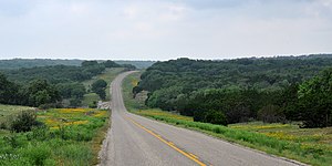 Highway 187 in the Edwards Plateau, Bandera County, Texas, US (14 April 2012)