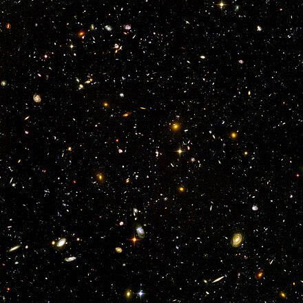 由哈勃超深空拍摄的最深远的宇宙可见光影像。图像鸣谢：NASA，ESA，S. Beckwith（空间望远镜研究所）及哈勃超深空团队。