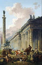 Hubert Robert - Imaginární pohled na Řím s jezdeckou sochou Marka Aurelia, Trajánův sloup a chrám - Google Art Project.jpg