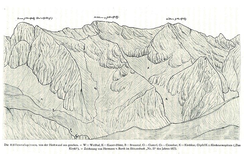 File:HvB Zeichnung Höllentalspitzen von S.jpg