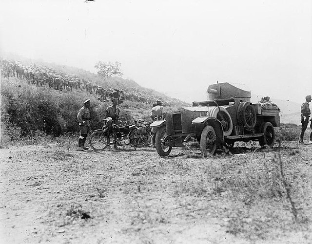 British armoured car and motorcycle at the Battle of Megiddo (1918)