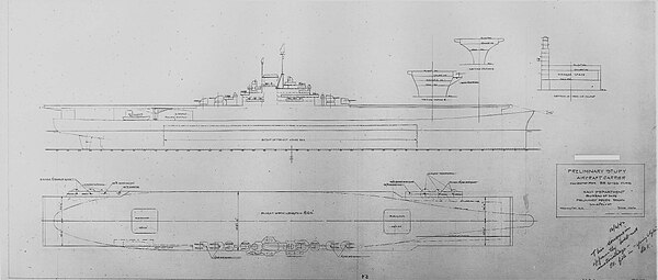 Line drawings of the proposed aircraft carrier conversion for Kentucky