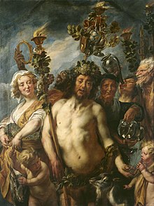 Bacchus debout, avec un sceptre dans la main droite, est entouré de six personnages en train de fêter et de boire.