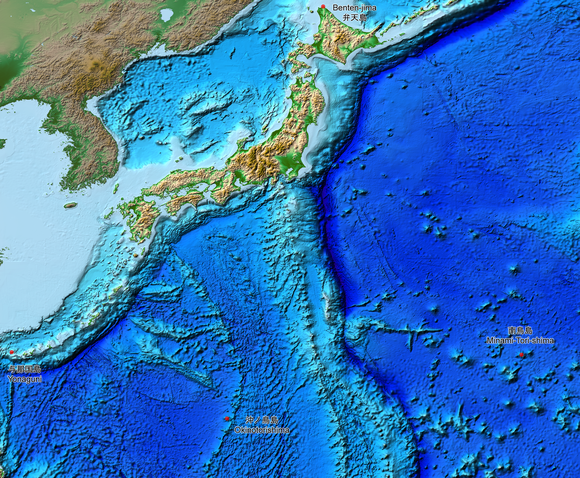 Relief map of the land and the seabed of Japan. It shows the surface and underwater terrain of the Japanese archipelago.
