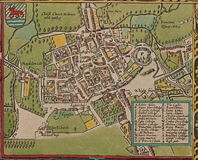 John Speed's map of Oxford, 1605, showing the castle (labelled "P") at upper right. (North is at the bottom of this map) John Speed's map of Oxford, 1605..jpg