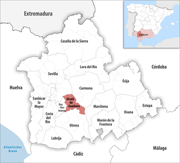 Die Lage des Gerichtsbezirk Alcalá de Guadaíra in der Provinz Sevilla