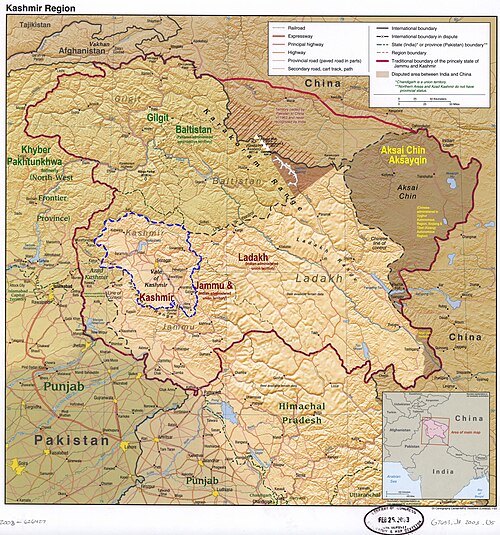 Srinagar lies in the Kashmir division (neon blue) of the Indian-administered Jammu and Kashmir (shaded tan) in the disputed Kashmir region. =