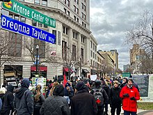 Protesters march down Breonna Taylor Way against the killing of Patrick Lyoya in Taylor's birthplace of Grand Rapids, Michigan Killing of Patrick Lyoya protest 16 April 2022 - 4 "Breonna Taylor Way".jpg