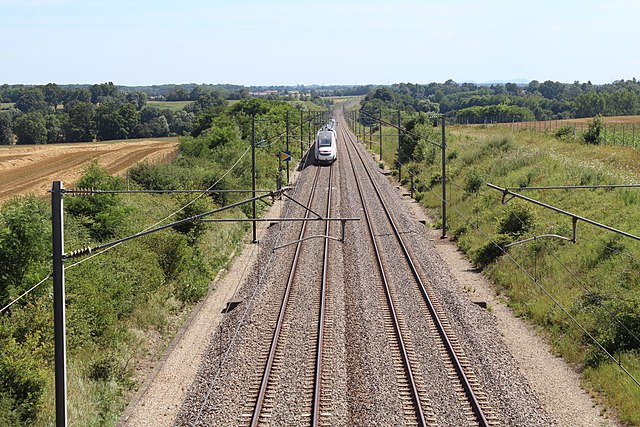 The LGV Sud-Est in France is electrified using 25 kV 50 Hz overhead lines