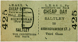 LMS Saltley para Birmingham New Street bilhete de trem diurno barato de terceira classe.jpg