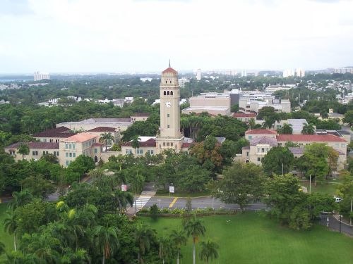 The University of Puerto Rico at Río Piedras campus, and its iconic clock tower, the Roosevelt Tower