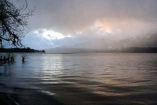 Lake Quinault in the mist at sunset