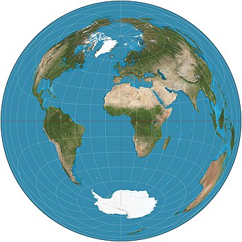 Lambert azimuthal equal-area projection of the world. The center is 0deg N 0deg E. The antipode is 0deg N 180deg E, near Kiribati in the Pacific Ocean. That point is represented by the entire circular boundary of the map, and the ocean around that point appears along the entire boundary. Lambert azimuthal equal-area projection SW.jpg