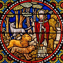 Austremoine et les bêtes sauvages, vitrail à l'église Saint-Austremoine d'Issoire.