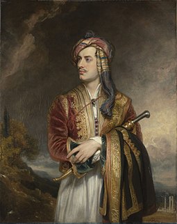 Lord Byron dressed in the traditional Albanian costume traditionally consisting of the Fustanella and a Dollama decorated with filigree, 1813. Lord Byron in Albanian Dress by Phillips, 1813.jpg