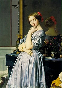 Louise de Broglie, grevinna d'Haussonville, iförd sidenklänning. Målning av Ingres.