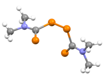 Structure of tetramethylthiuram disulfide, emphasizing the 90o dihedral angle between the two planar subunits METHUS03skew2.png