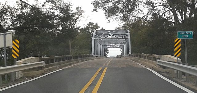 Westbound on MS 12 bridge over the Sunflower River from Humphreys County, Mississippi